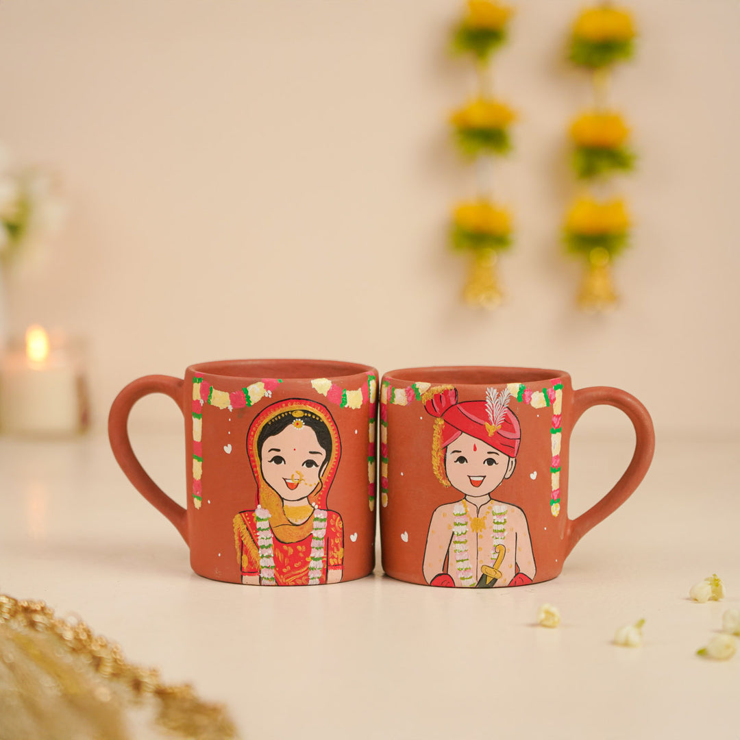 2 Pc | Gujarati Couple Personalized Handpainted Terracotta Mug | 200 ml
