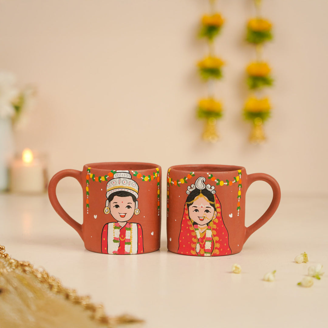 2 Pc | Bengali Couple Personalized Handpainted Terracotta Mug | 200 ml