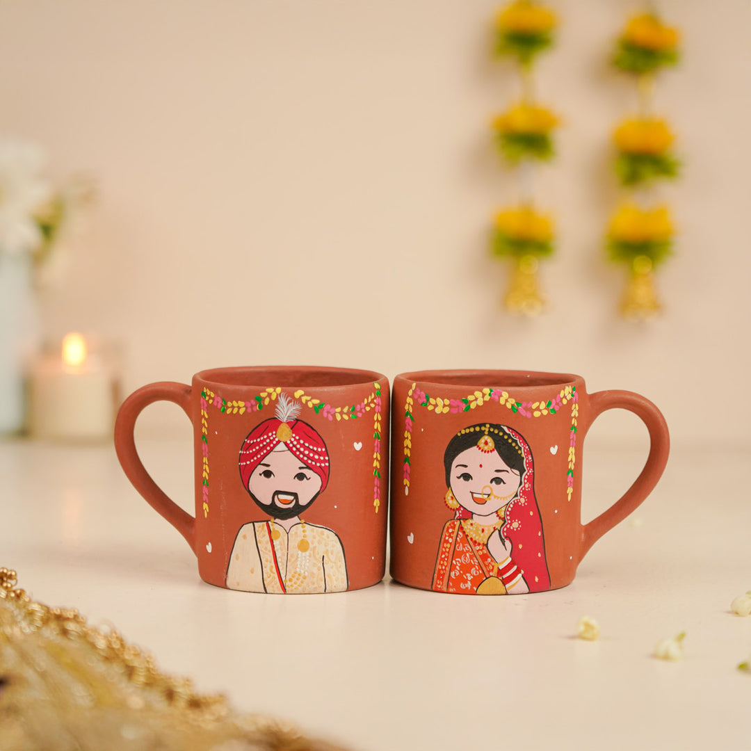 2 Pc | Punjabi Couple Personalized Handpainted Terracotta Mug | 200 ml