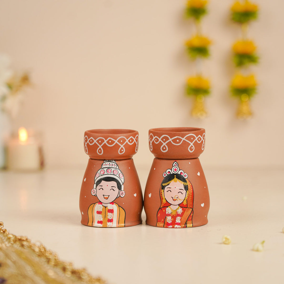 2 Pc | Bengali Couple Personalized Handpainted Terracotta Tealight Holder