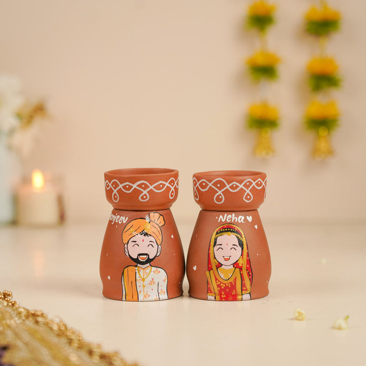2 Pc | Rajasthani Couple Personalized Handpainted Terracotta Tealight Holder