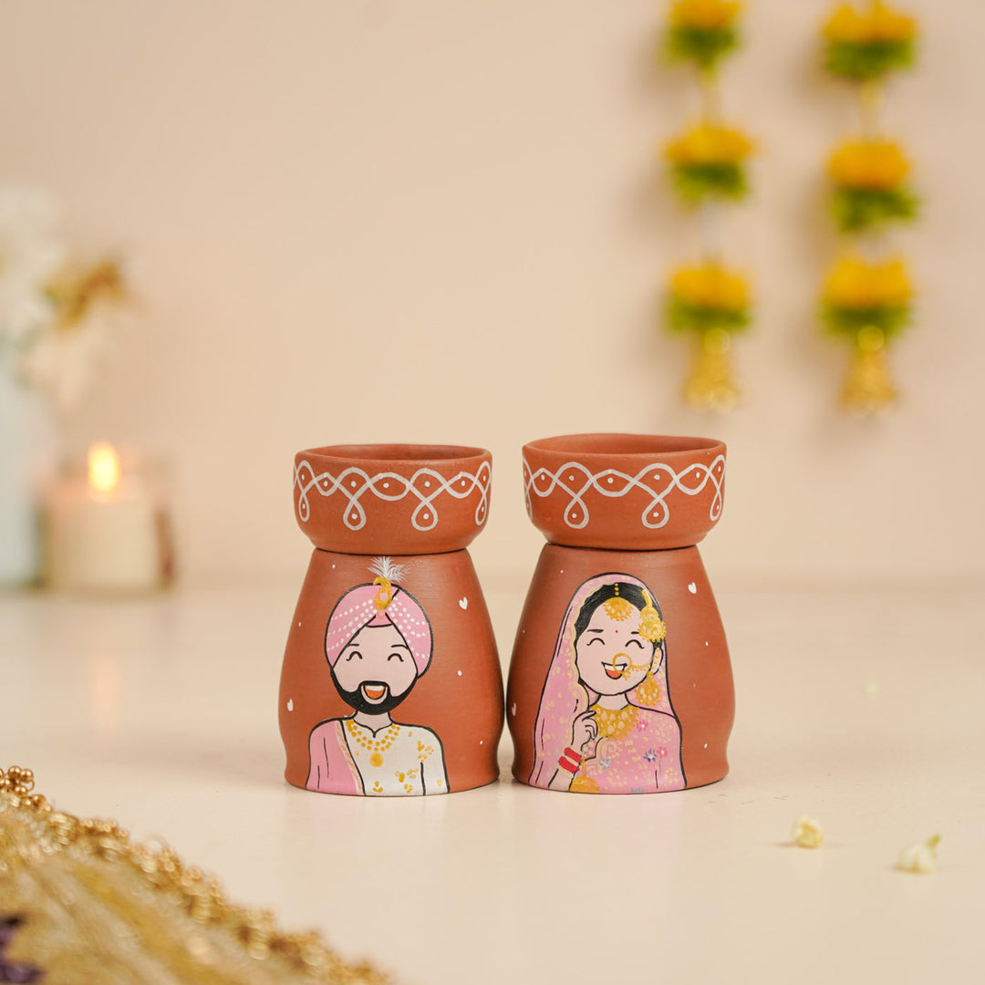 2 Pc | Punjabi Couple Personalized Handpainted Terracotta Tealight Holder