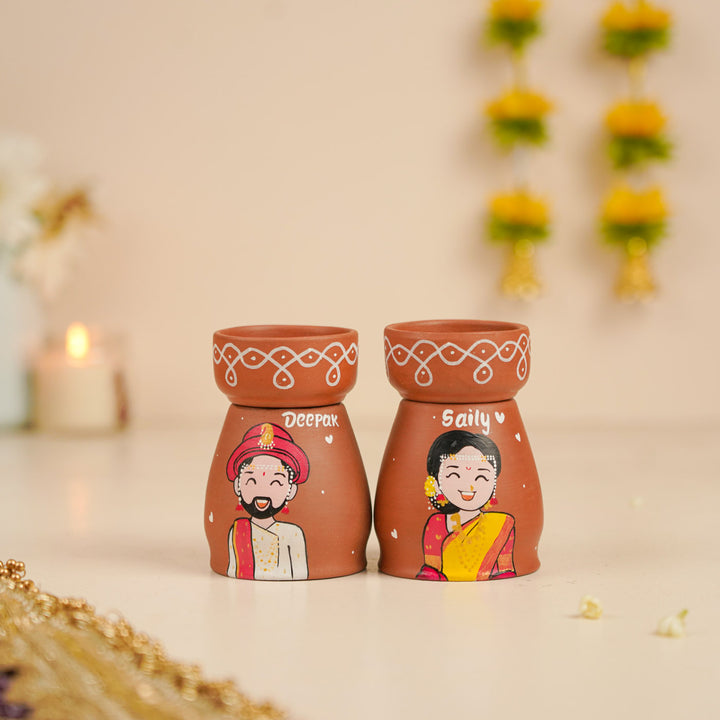 2 Pc | Gujarati Couple Handpainted Terracotta Tealight Holder