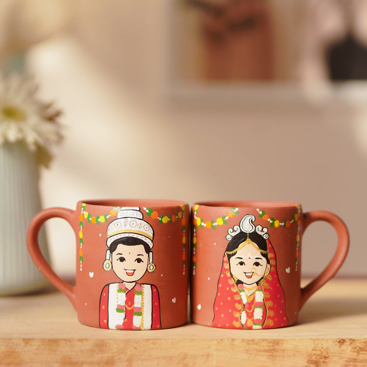 2 Pc | Bengali Couple Personalized Handpainted Terracotta Mug | 200 ml