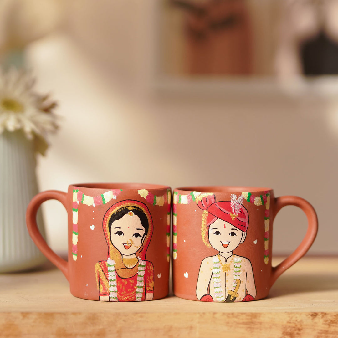 2 Pc | Gujarati Couple Personalized Handpainted Terracotta Mug | 200 ml