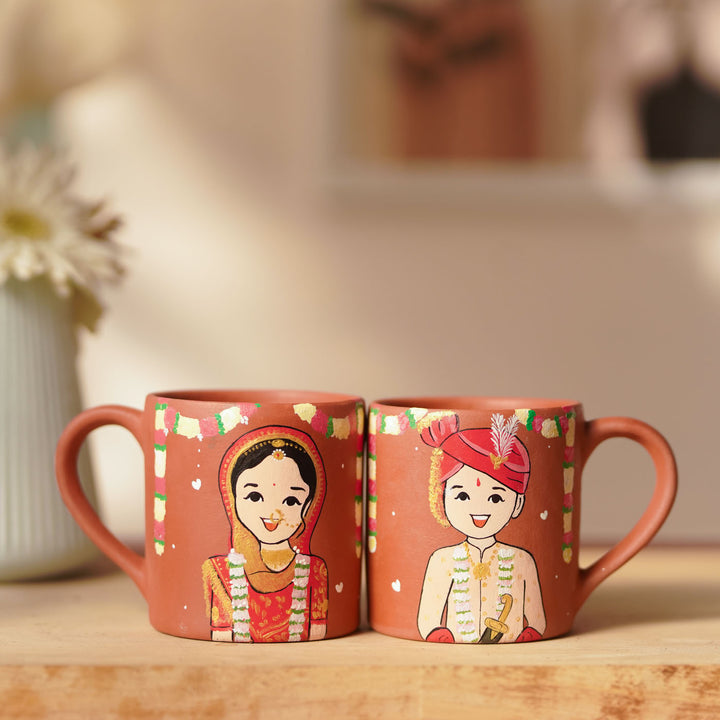 2 Pc | Gujarati Couple Personalized Handpainted Terracotta Mug | 200 ml