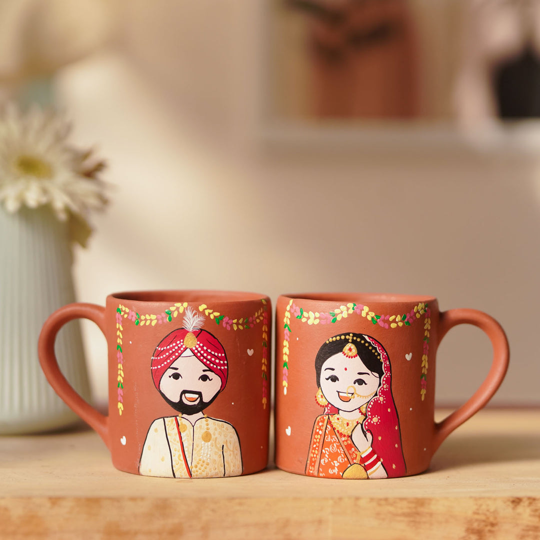 2 Pc | Punjabi Couple Personalized Handpainted Terracotta Mug | 200 ml