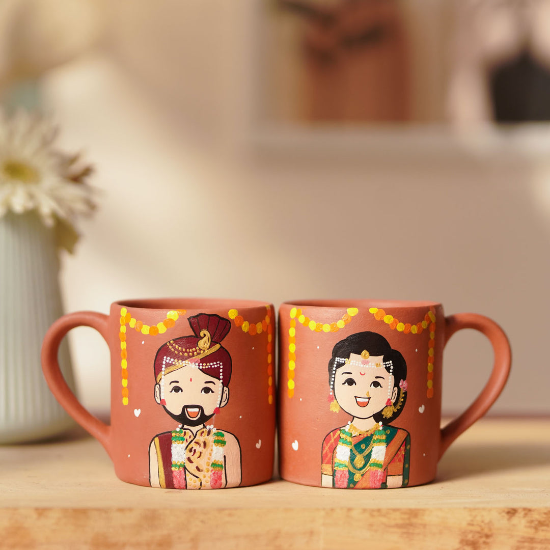 2 Pc | Maharashtrian Couple Personalized Handpainted Terracotta Mug | 200 ml