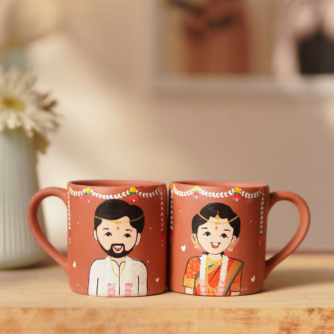 2 Pc | South Indian Couple Personalized Handpainted Terracotta Mug | 200 ml