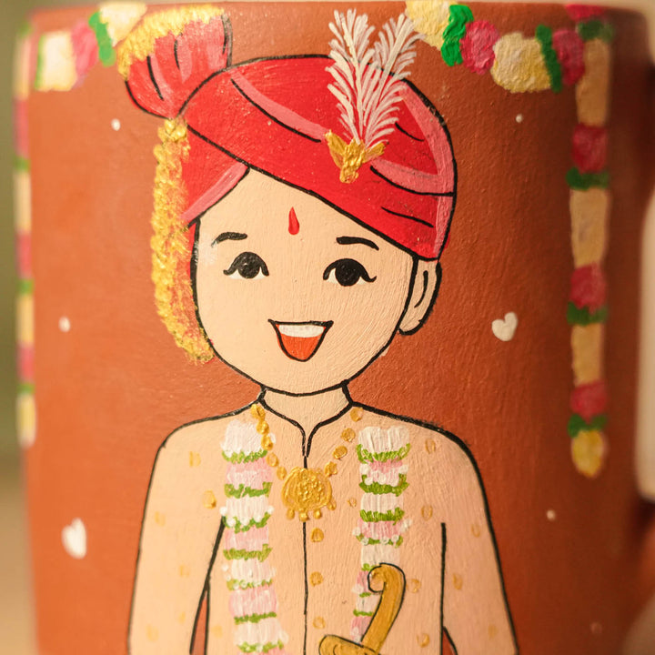 2 Pc | Gujarati Couple Personalized Handpainted Terracotta Mug | 200 ml