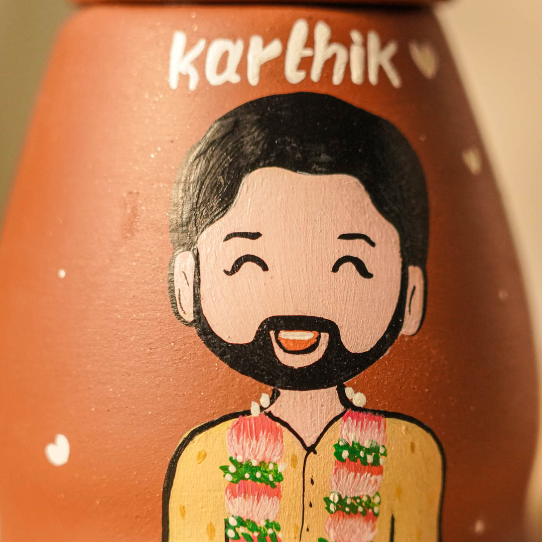 2 Pc | South Indian Couple Personalized Handpainted Terracotta Tealight Holder