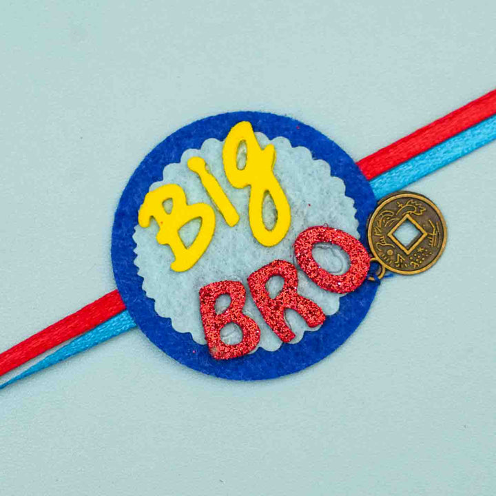Handmade Big Bro Theme Felt Kids Rakhi With Roli Chawal For Brother - Close-up of Big Bro Rakhi