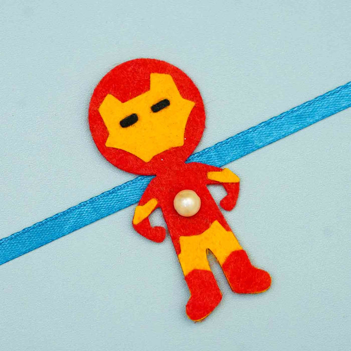 Personalized Handmade Iron Man Theme Felt Kids Rakhi And Photo Frame Combo For Brother Set Of 2 - Close-up of Single Rakhi Detail