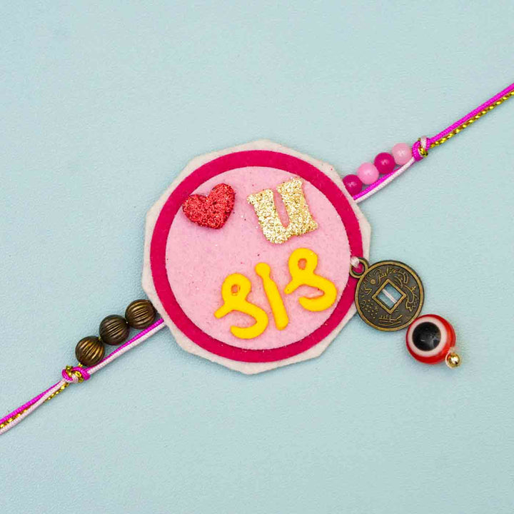 Personalized Handmade Girraffe Theme Felt Kids Rakhi And Photo Frame Combo For Kids Set Of 2 - Close-up of "Love U Sis" Rakhi