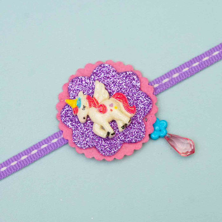 Handmade Unicorn Theme Felt Kids Rakhi With Roli Chawal For Sisters - Close-up Detail View