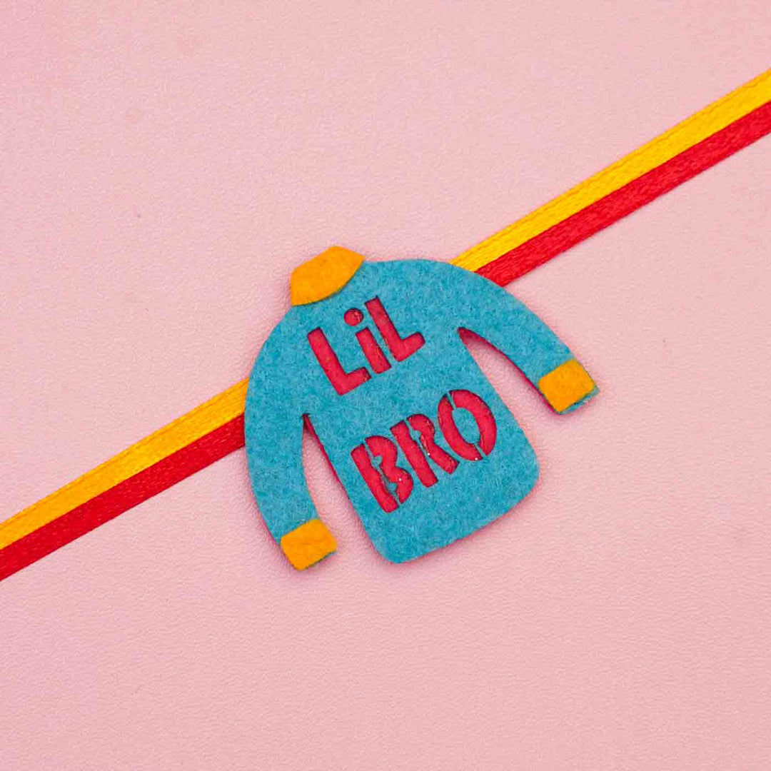 Handmade Lil Bro Theme Felt Kids Rakhi With Roli Chawal For Brother - Front View Close-up