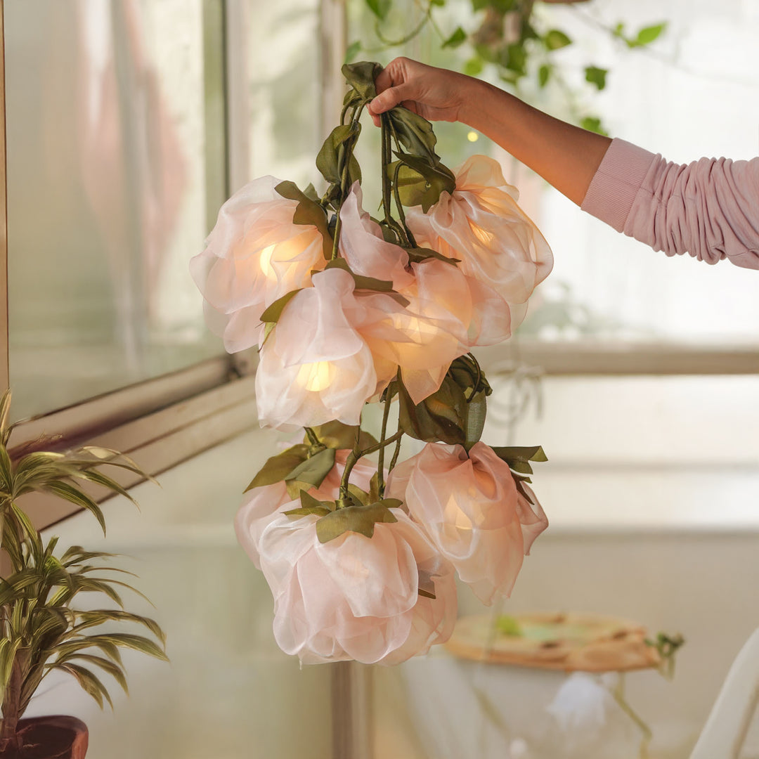 2.5m, 10 Bulbs | Handcrafted Pink Tissue Flower String Lights With Bulbs