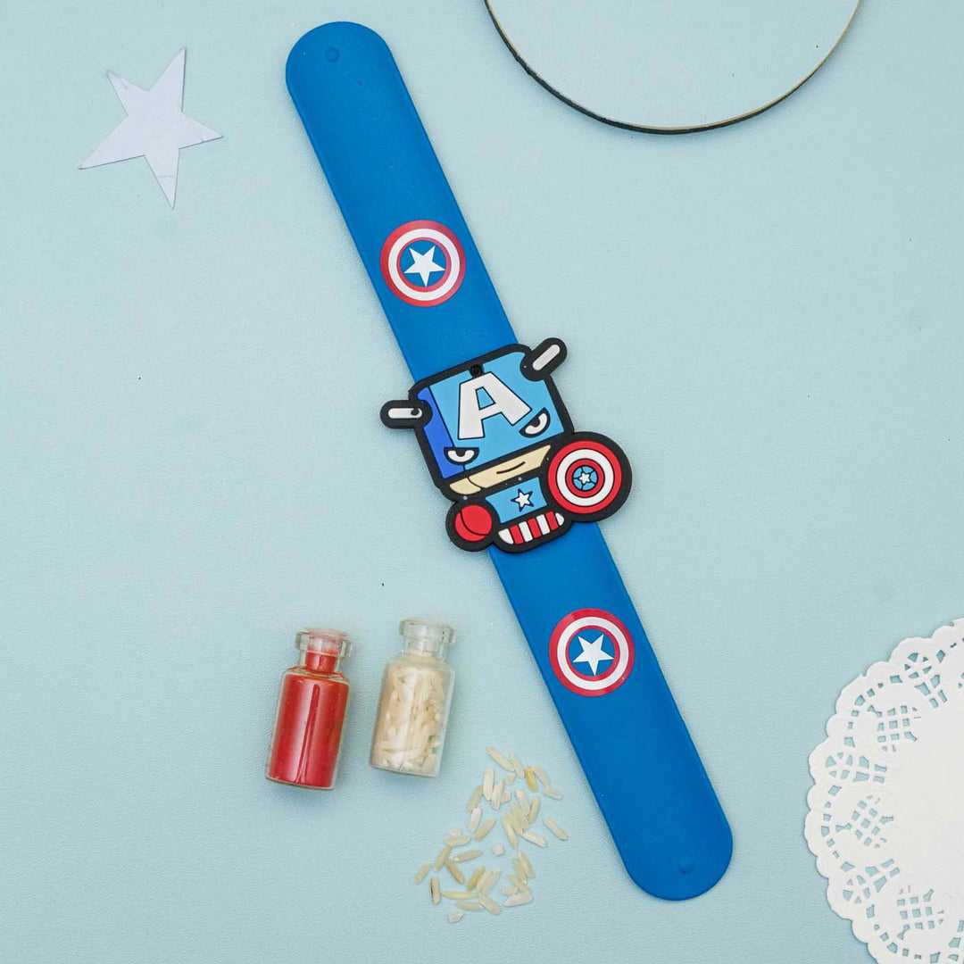 Handmade Captain America Slap Band Kids Rakhi With Roli Chawal