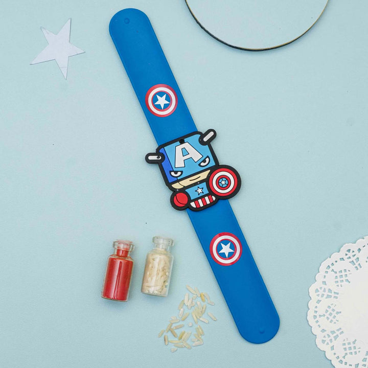 Handmade Captain America Slap Band Kids Rakhi With Roli Chawal