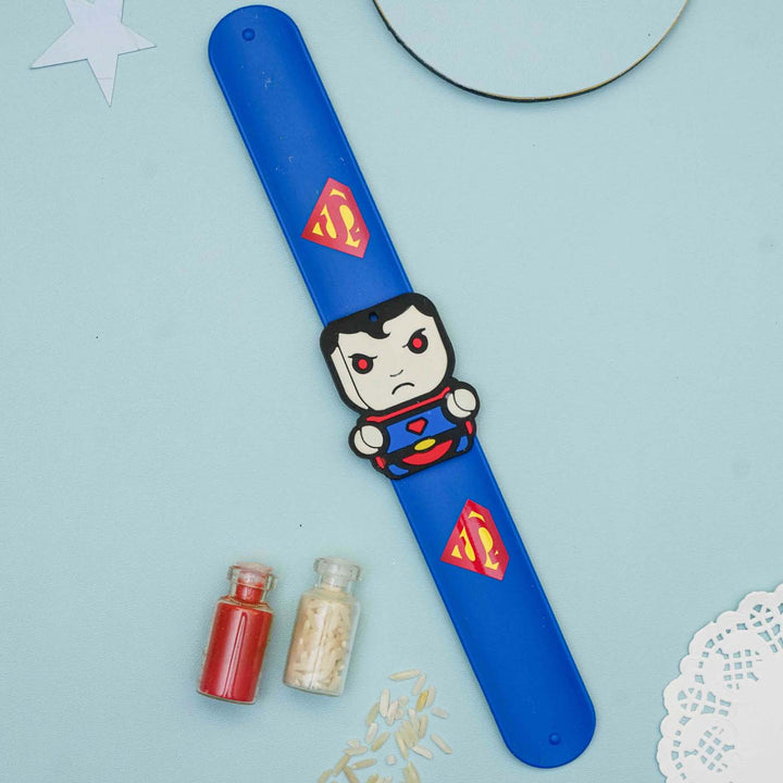 Handmade Superman Slap Band Kids Rakhi With Roli Chawal
