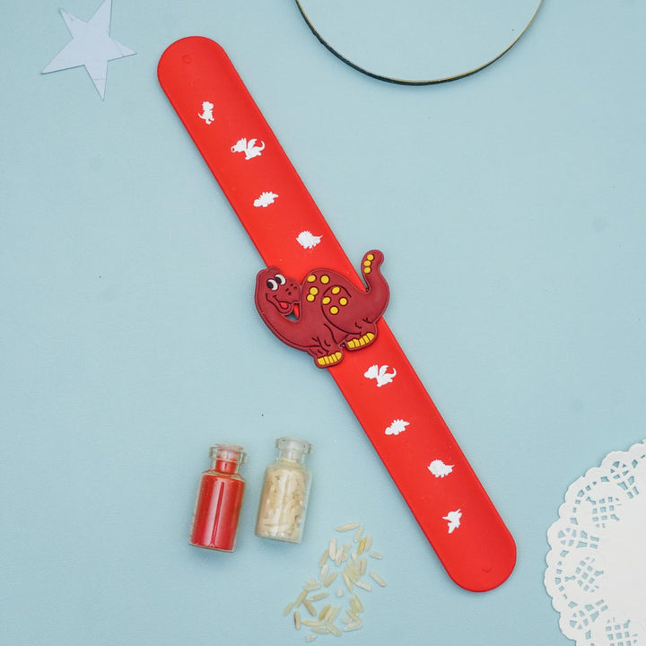 Handmade Dino Slap Band Kids Rakhi With Roli Chawal