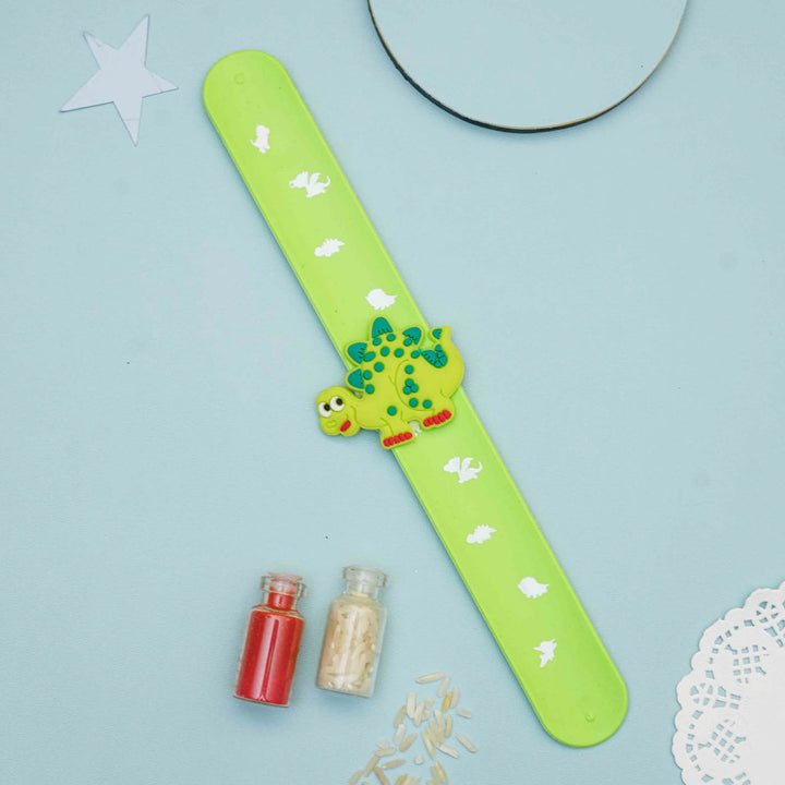 Handmade Dino Slap Band Kids Rakhi With Roli Chawal