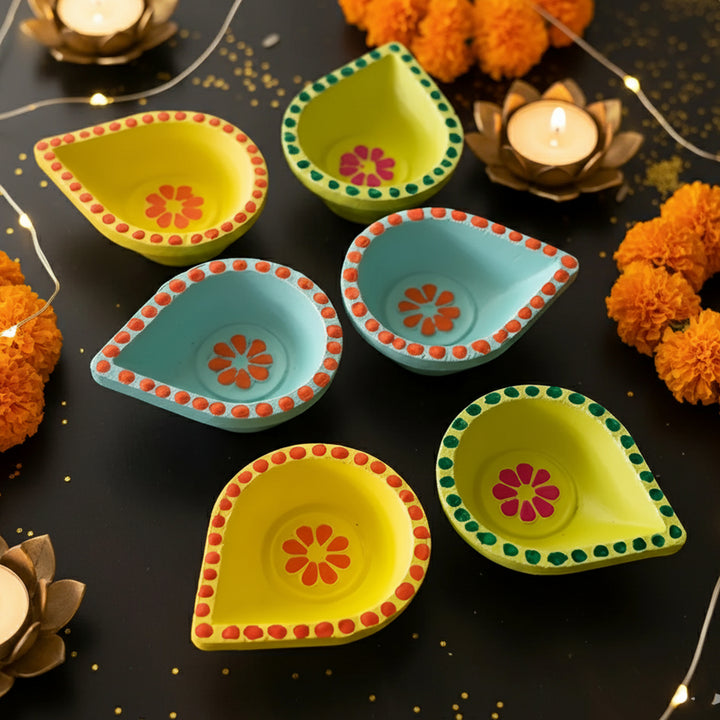 Hand-Painted Floral Theme Terracotta Diyas  | Set Of 6