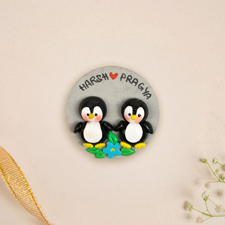 Penguins Couple Personalized Handmade Polymer Clay Round Fridge Magents