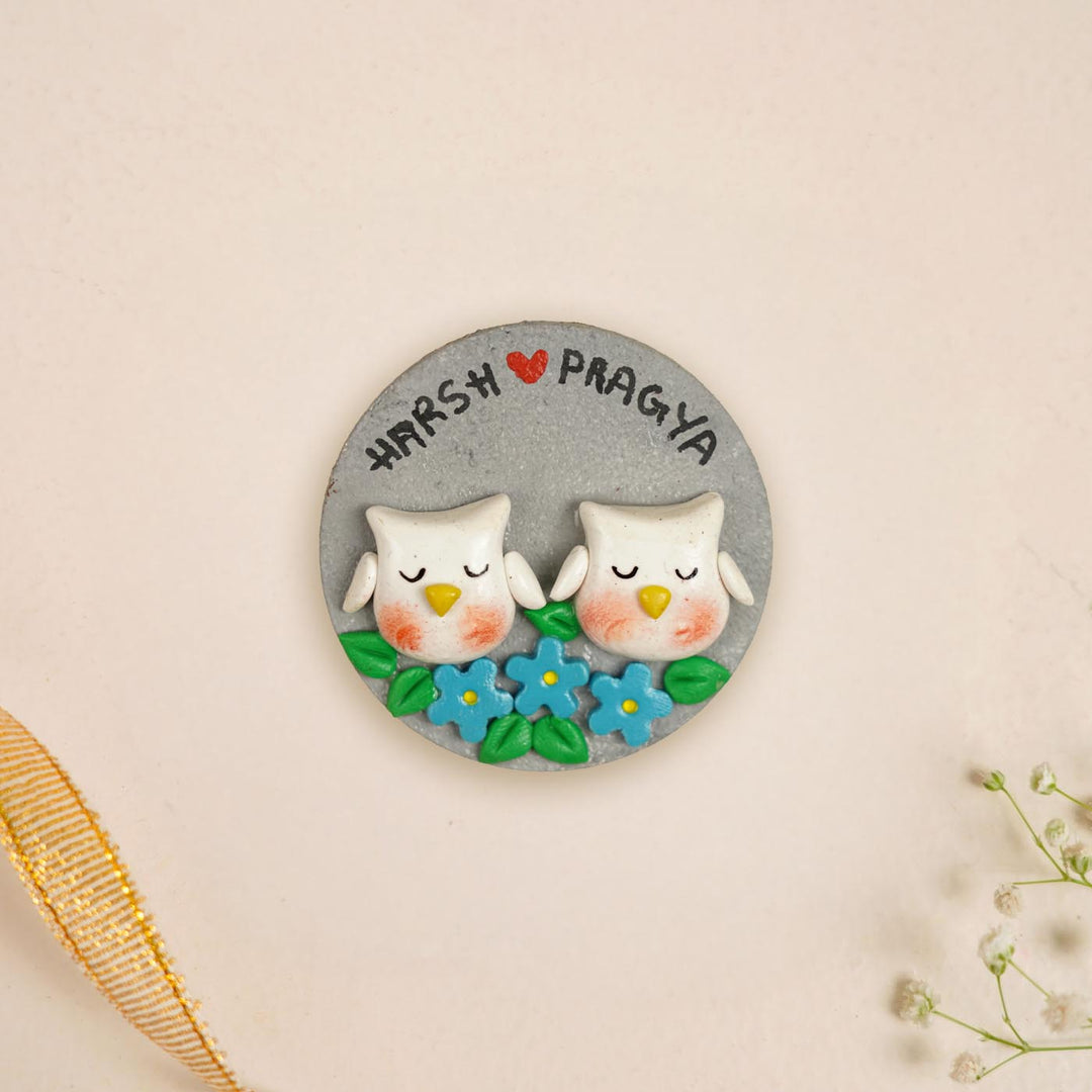 Owls Couple Handmade Personalized Polymer Clay Round Fridge Magents