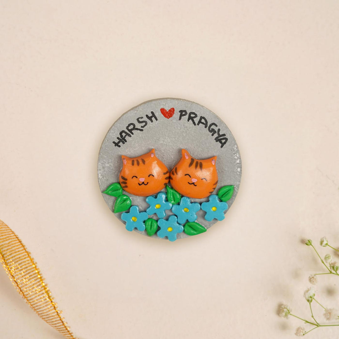 Cats Couple Handmade Personalized Polymer Clay Round Fridge Magents