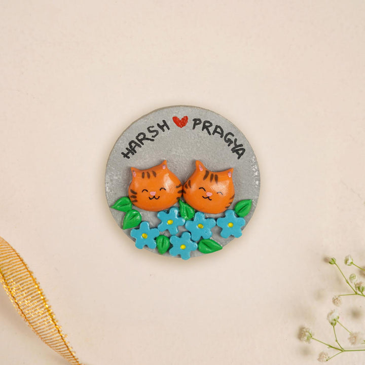 Cats Couple Handmade Personalized Polymer Clay Round Fridge Magents