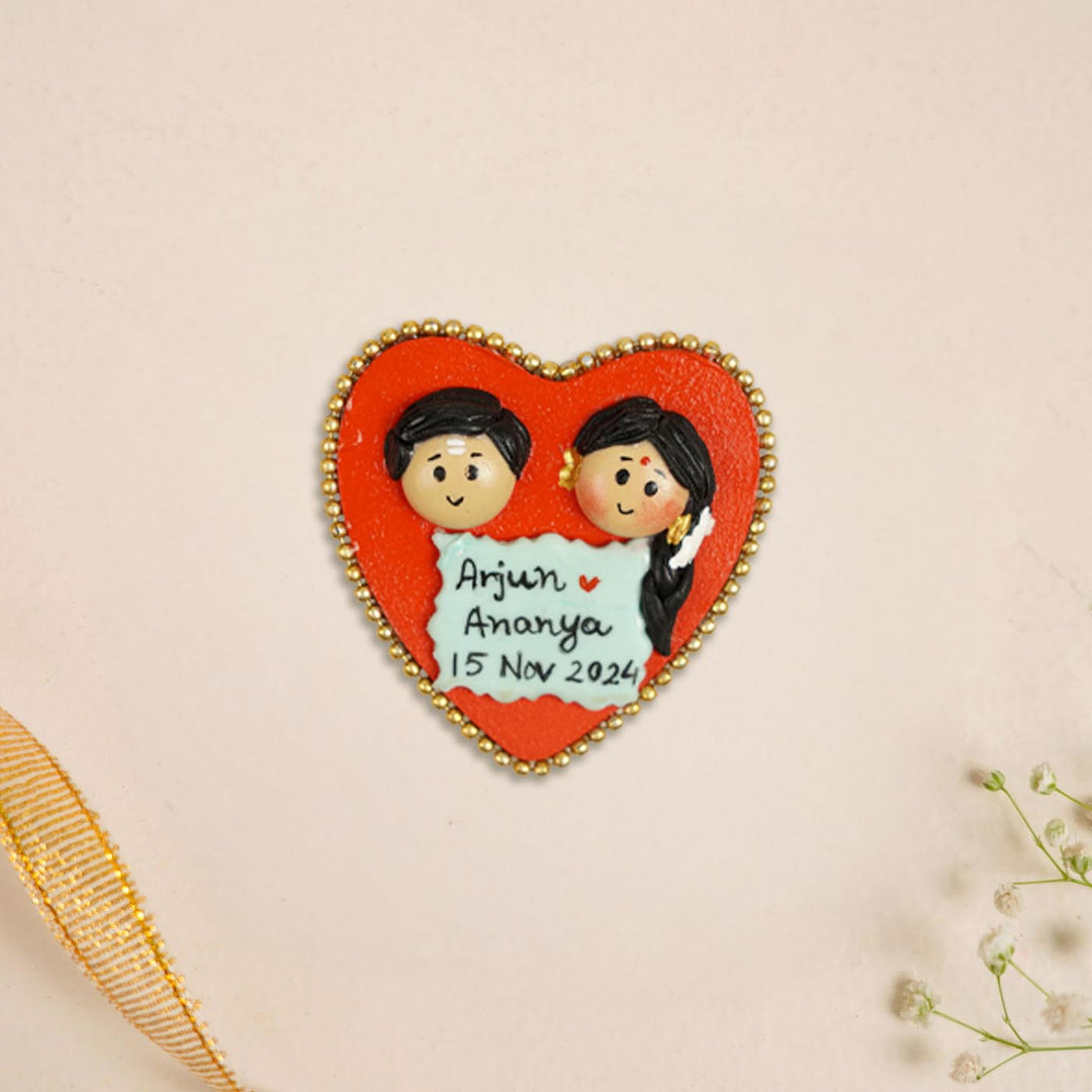 South Indian Couple Handmade Personalized Polymer Clay Heart Fridge Magents