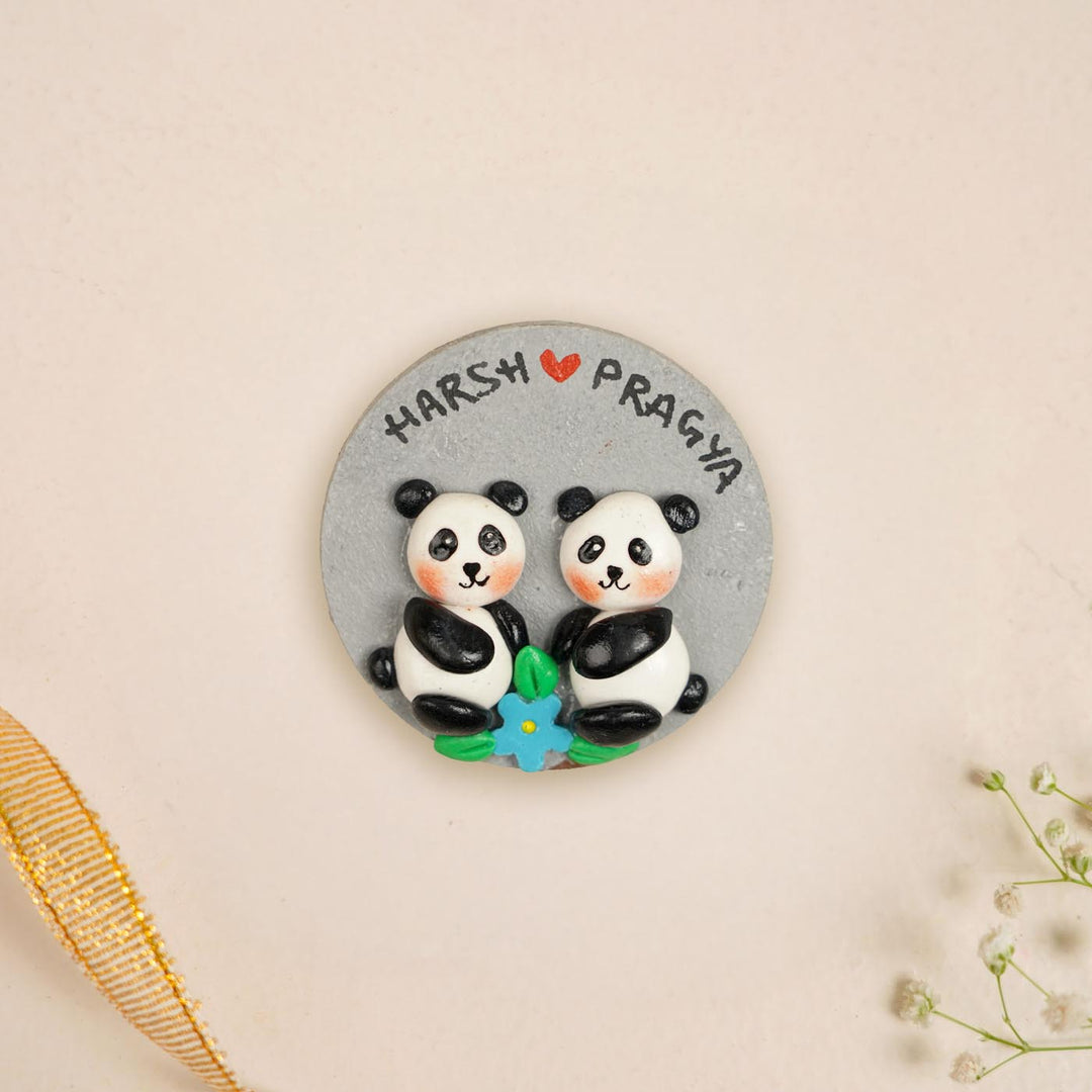 Pandas Couple Personalized Handmade Polymer Clay Round Fridge Magents