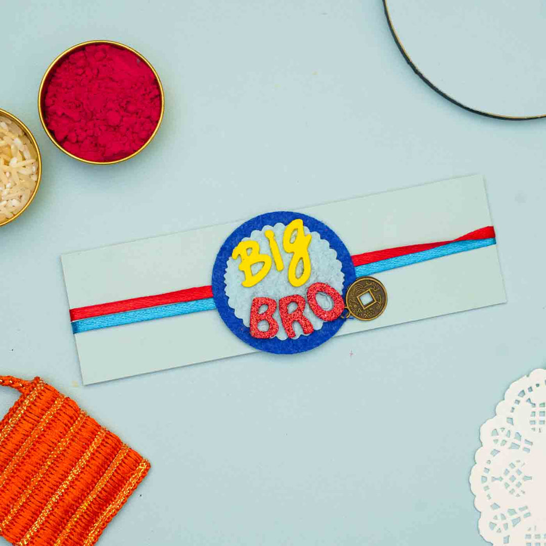Handmade Big Bro Theme Felt Kids Rakhi With Roli Chawal For Brother - Big Bro Rakhi on Display Card