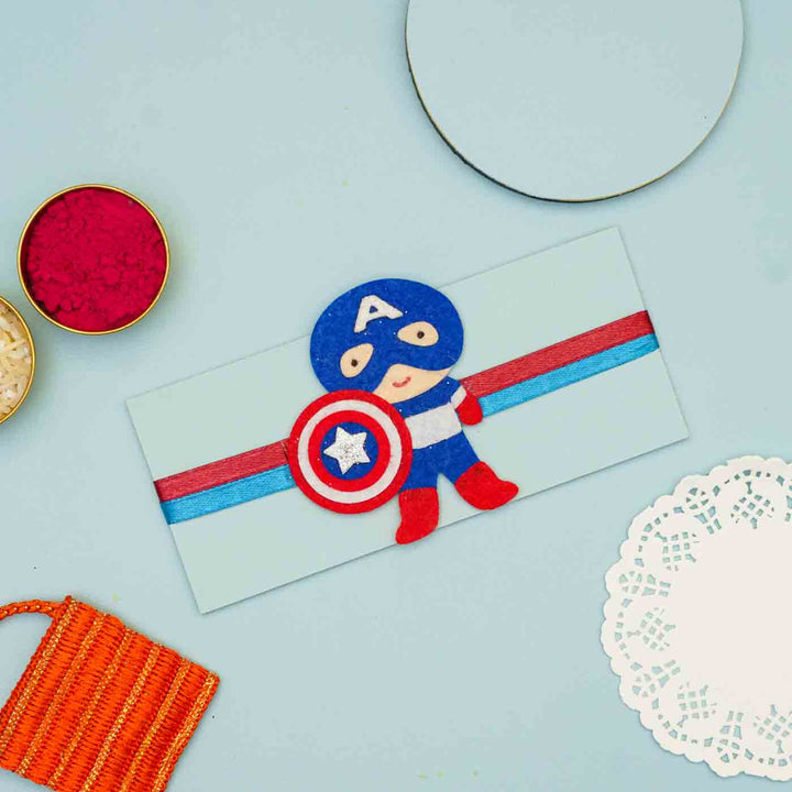 Personalized Handmade Captain America Theme Felt Kids Rakhi & Photo Frame Combo For Brother | Set of 2
