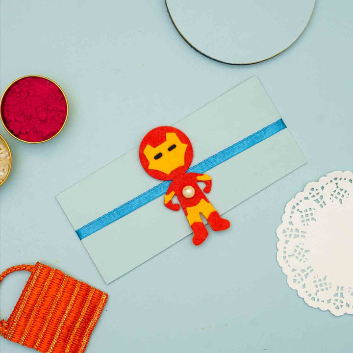Personalized Handmade Iron Man Theme Felt Kids Rakhi And Photo Frame Combo For Brother Set Of 2 - Rakhi on Decorative Envelope