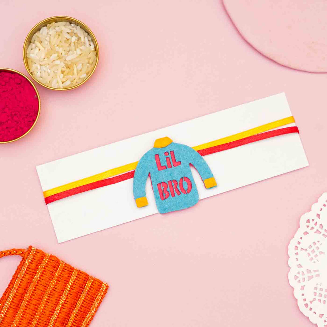 Handmade Lil Bro Theme Felt Kids Rakhi With Roli Chawal For Brother - Mounted on Decorative Envelope