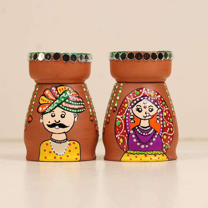 Rajasthani Couple Handpainted Terracotta Tealight Holder