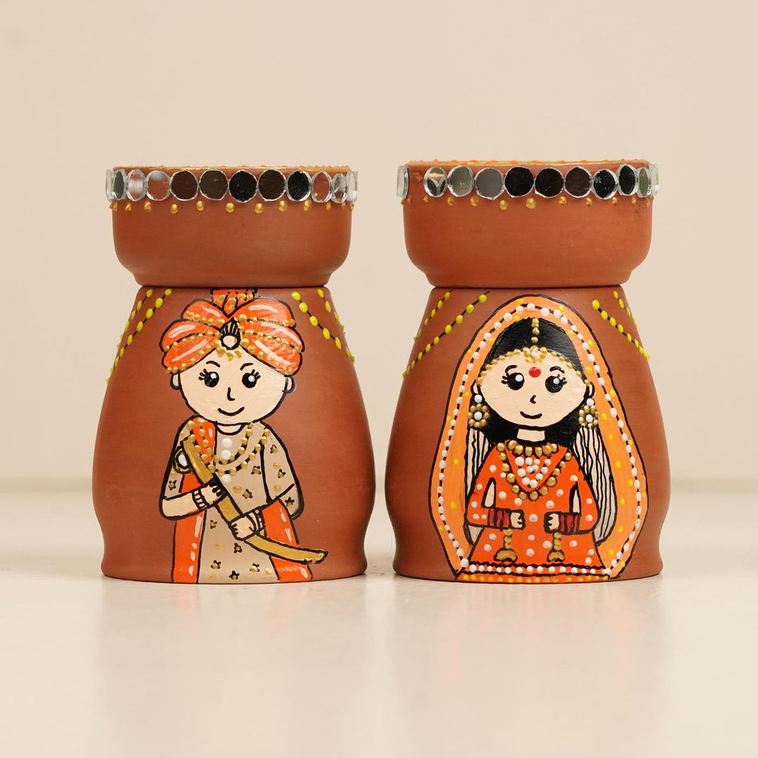 Punjabi Couple Handpainted Terracotta Tealight Holder