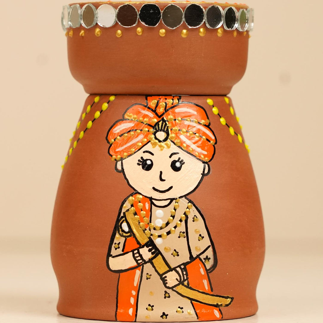 Punjabi Couple Handpainted Terracotta Tealight Holder