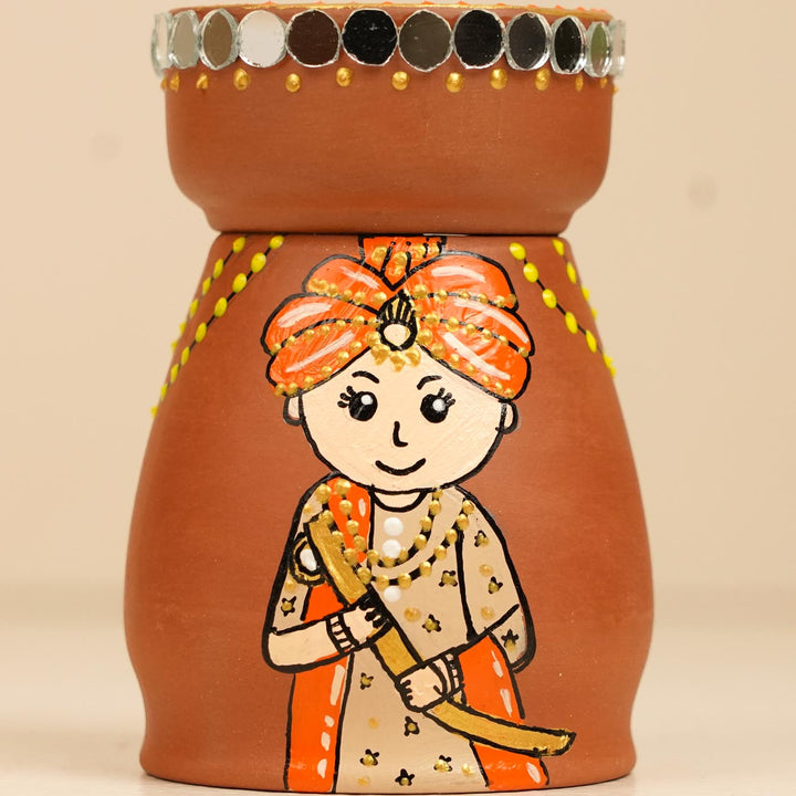 Punjabi Couple Handpainted Terracotta Tealight Holder