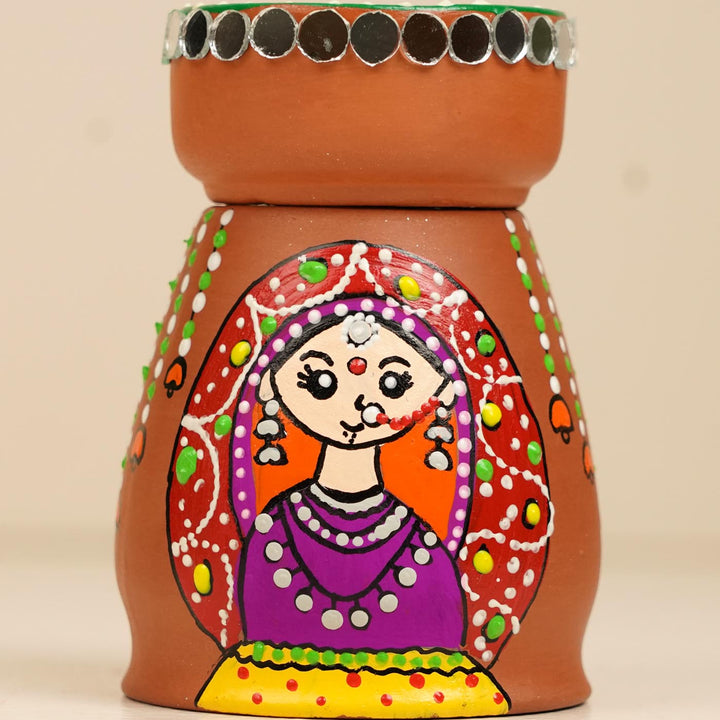 Rajasthani Couple Handpainted Terracotta Tealight Holder