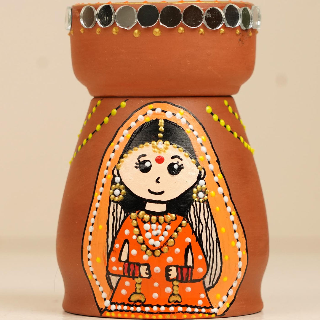 Punjabi Couple Handpainted Terracotta Tealight Holder