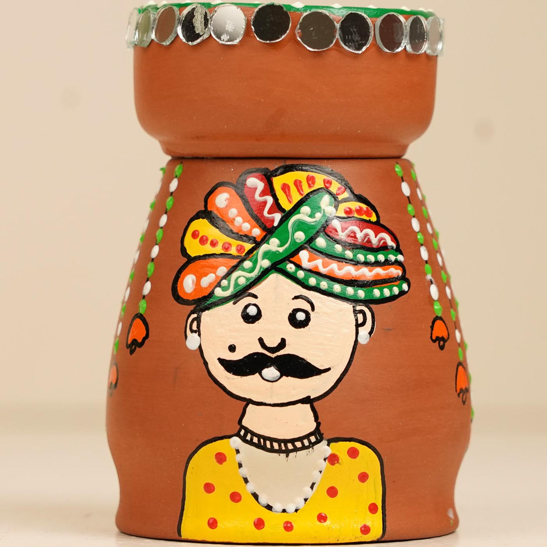 Rajasthani Couple Handpainted Terracotta Tealight Holder