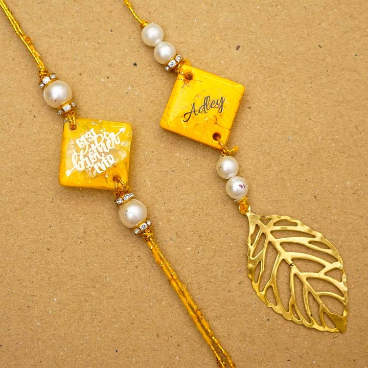 Personalized Handmade Yellow Resin Bhaiya Bhabhi Rakhi With Roli Chawal | Set of 2