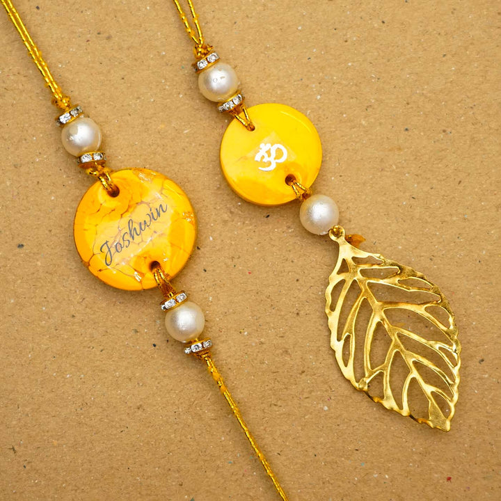 Personalized Handmade Yellow Resin Bhaiya Bhabhi Rakhi With Roli Chawal | Set of 2