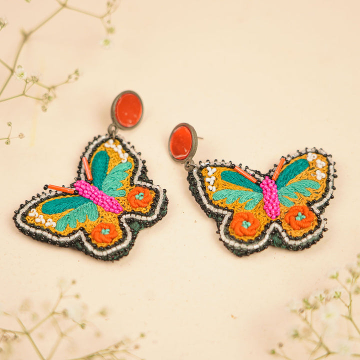 Hand Embroidered Beaded Butterfly Earrings