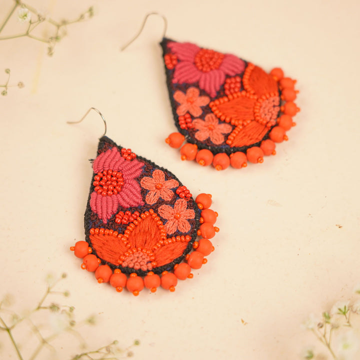 Hand Embroidered Beaded Floral Earrings
