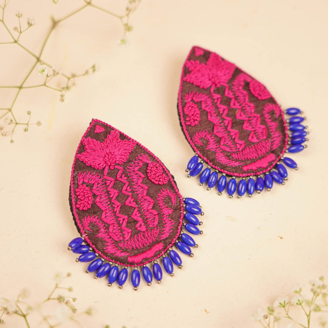 Hand Embroidered Beaded Pink & Blue Earrings