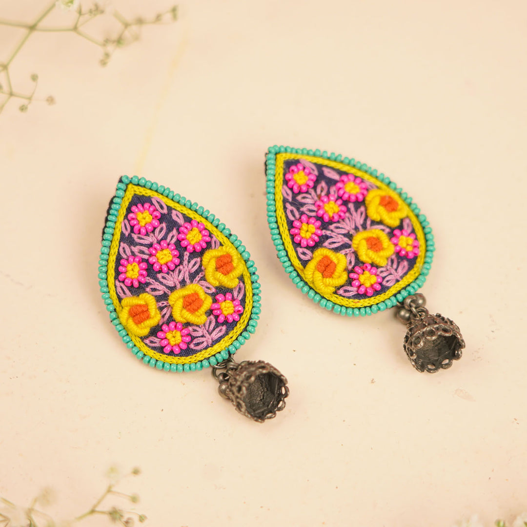Hand Embroidered Beaded Multicolor Floral Earrings